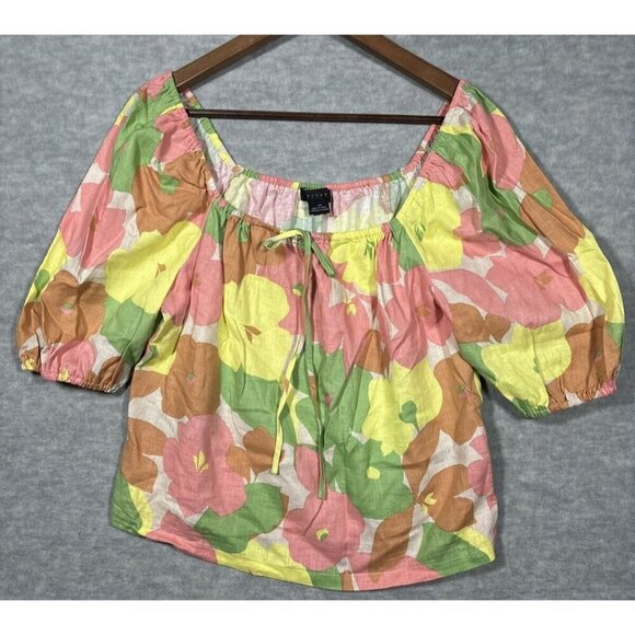 Sanctuary Perfect Time Top Linen Blend Floral Square Neck Beachy Summer Size M - Picture 1 of 4